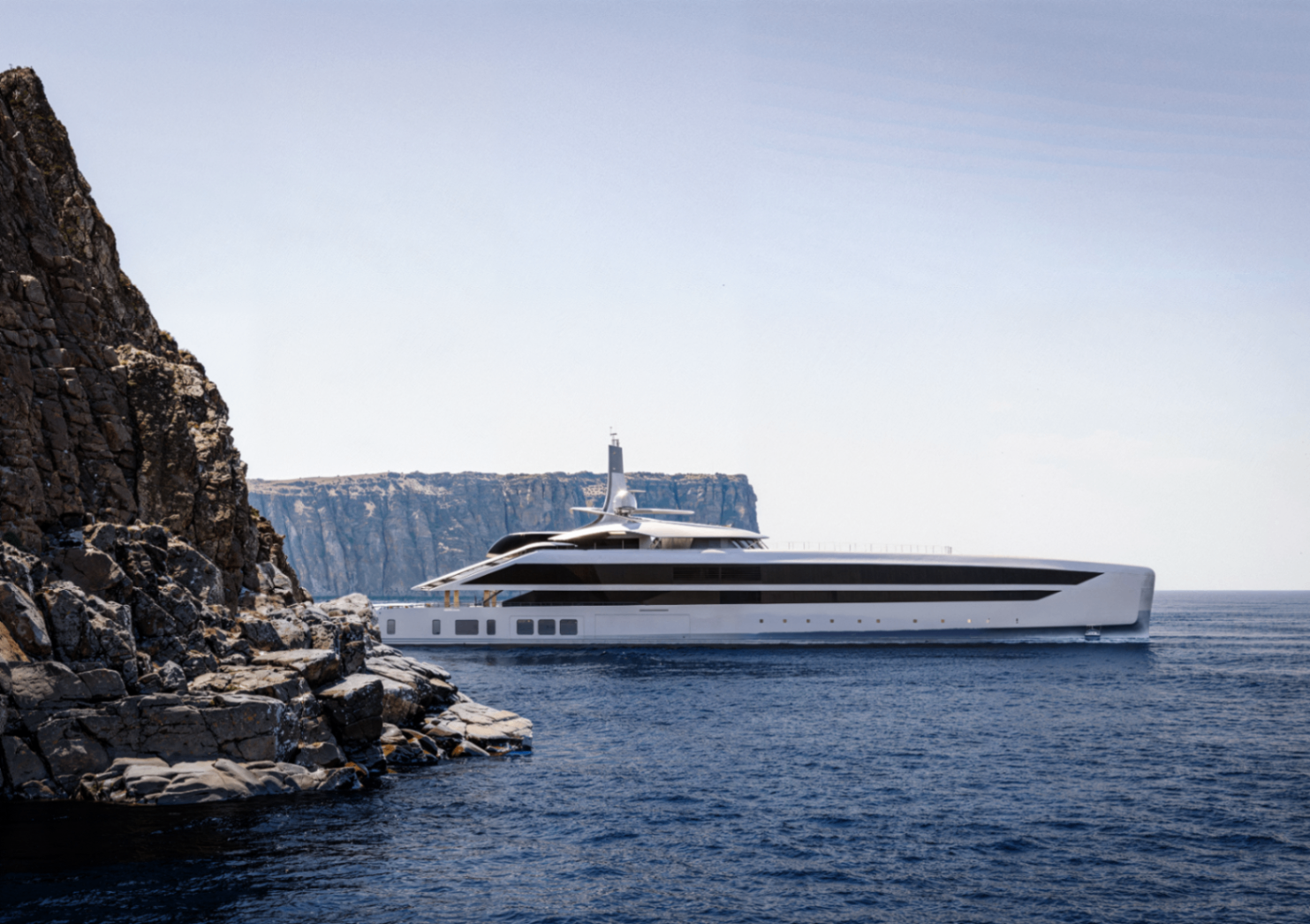 Arwen — At Anchor, Coastal Cliffs — Superyacht CGI portfolio image by Mosh Design