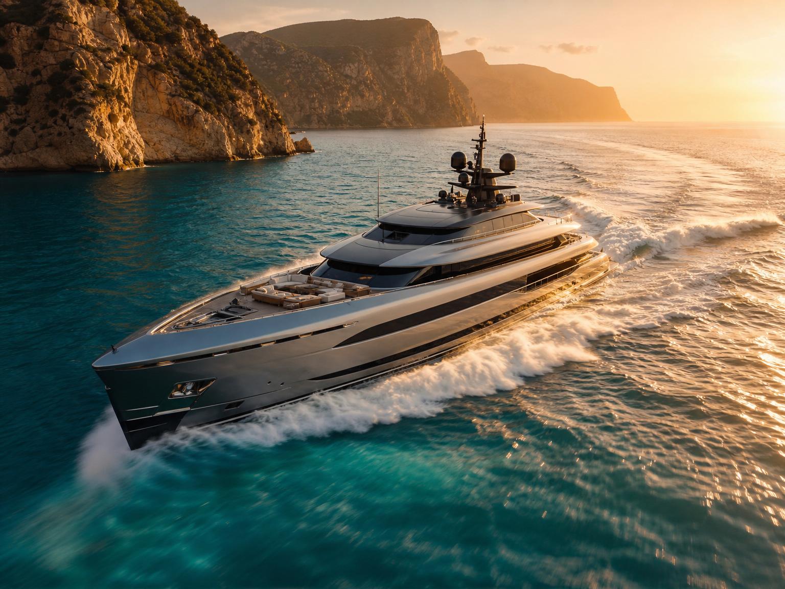 Cinematic frame of a superyacht at cruising speed — the kind of image that opens a broker pitch